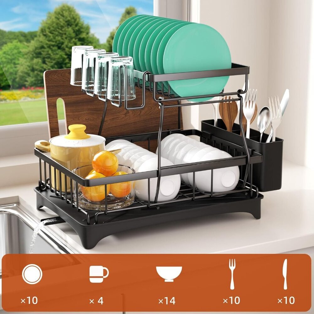 Dish Drying Rack, 2-Tier Dish Rack with Auto-Drain & Mat, Dish Racks for Kitchen - Picture 3 of 7